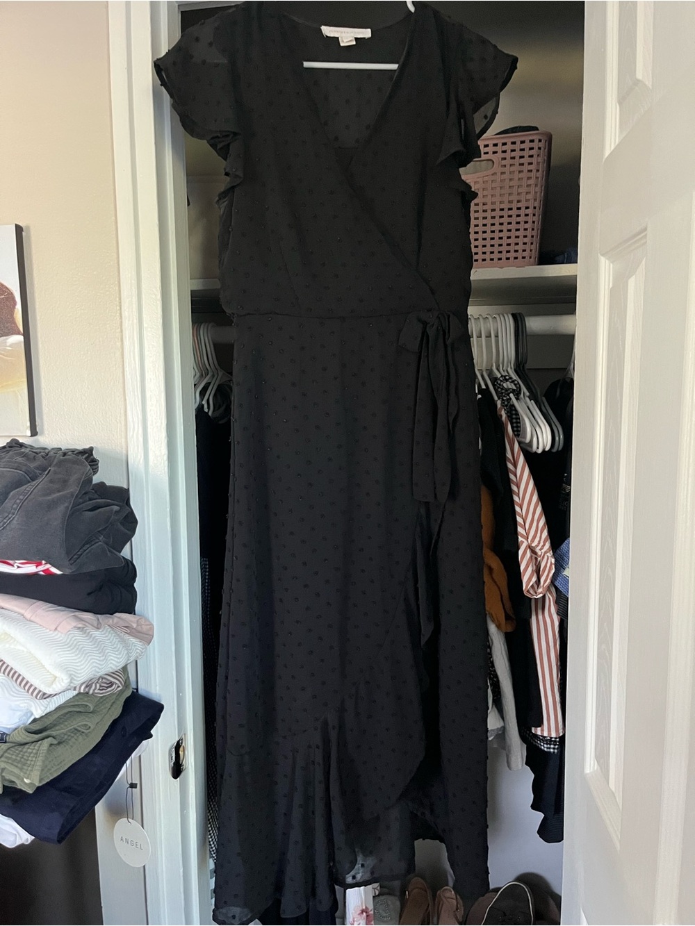 Monteau Black Swiss Dot Wrap Midi Dress